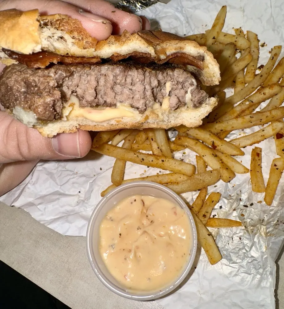 Ollie Burger with Cheese and Bacon Cheeseburger