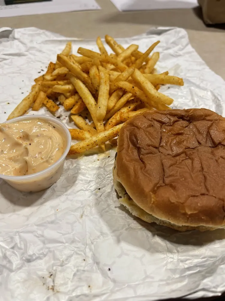 Ollie Burger with Cheese and Bacon Fry & Cup of Sauce